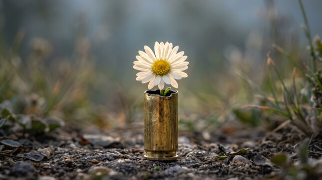 Delicate white daisy blooming from a brass bullet casing on the ground symbolizing peace