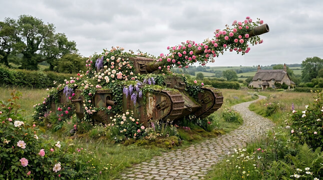 Rusted military tank overgrown with blooming pink roses in peaceful green countryside