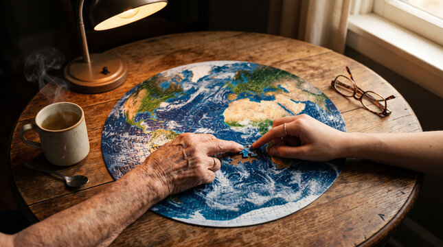 Hands of different generations assembling globe puzzle on wooden table symbolizing world peace