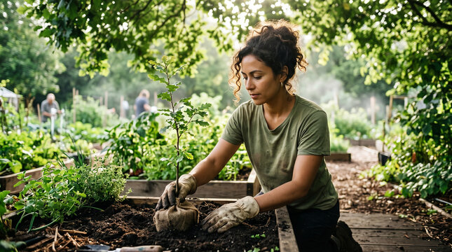 Female volunteer planting a young tree in a green urban community garden