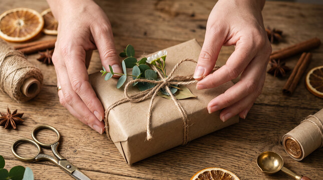 Hands wrapping eco friendly gift in craft paper with twine and eucalyptus
