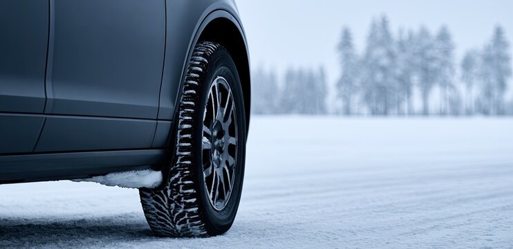 Car tire on snow-covered road, with snow-dusted trees in background