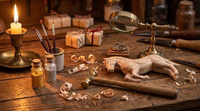 Handcrafted wooden horse toy with candle and crafting tools on rustic table for christmas gifts