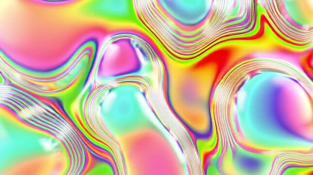 Vibrant abstract liquid shapes with iridescent rainbow colors and smooth flowing patterns.