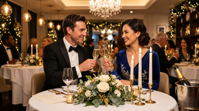 Happy couple toasting with champagne glasses at elegant festive dinner in luxury restaurant