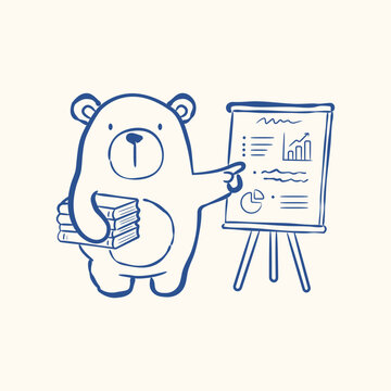 Hand drawn bear presenting business charts while holding documents beside a presentation board.