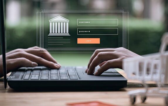Person accesses digital bank account login screen on a laptop