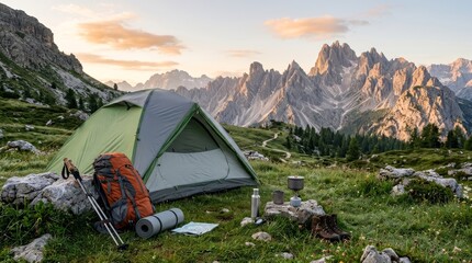 Fototapeta premium Green tent pitched in alpine meadow at sunrise.