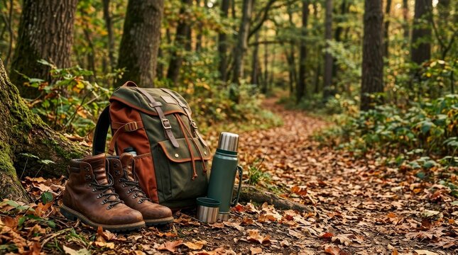 Hiking gear resting on a forest floor with autumn leaves.