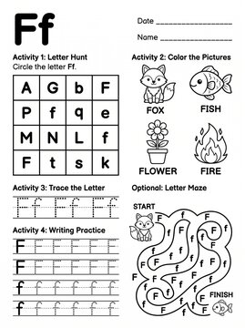 Alphabet worksheet featuring the letter f with educational activities and illustrations