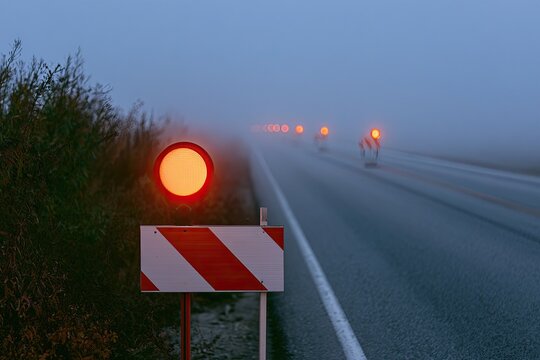 Foggy road with glowing red warning lights and striped barriers