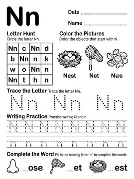 Letter Nn worksheet with letter hunt tracing writing practice and coloring activities