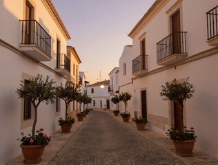 Naklejka premium Narrow street lined with white houses and potted trees