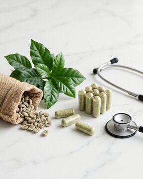 Green coffee extract capsules, a jute bag of green coffee beans, and a stethoscope in a premium composition.