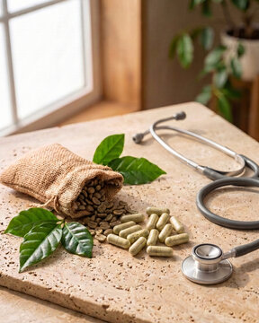 Green coffee extract capsules, a jute bag of green coffee beans, and a stethoscope in a premium composition.