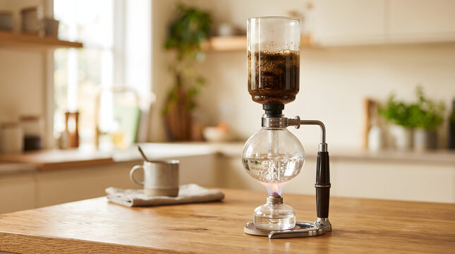 Siphon coffee maker brewing on a modern kitchen counter
