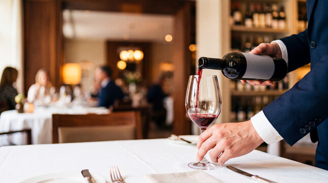 Sommelier Pouring Red Wine: A sommelier in a formal suit expertly pours red wine from a bottle into a crystal glass in a sophisticated restaurant setting.