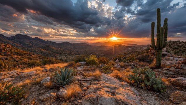 Desert landscape photograph with saguaro cactus and sunburst during a colorful sunset arid southwest cacti