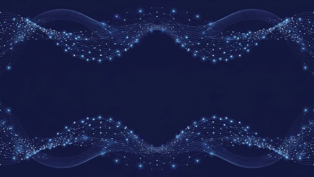Abstract Blue Swirling Particles Forming a Symmetrical Frame on Dark Background.