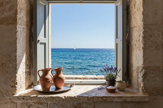 Window view of sea with clay jugs on stone sill coastal