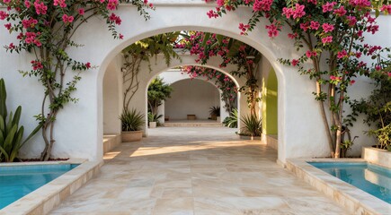 Fototapeta premium Courtyard archway framed by flowering vines and pools