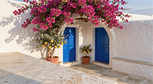 White wall with blue doors and bougainvillea in sunlit courtyard