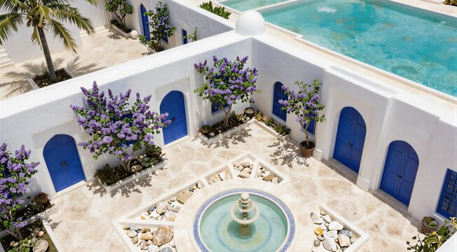 White courtyard with fountain surrounded by blue doors and pool