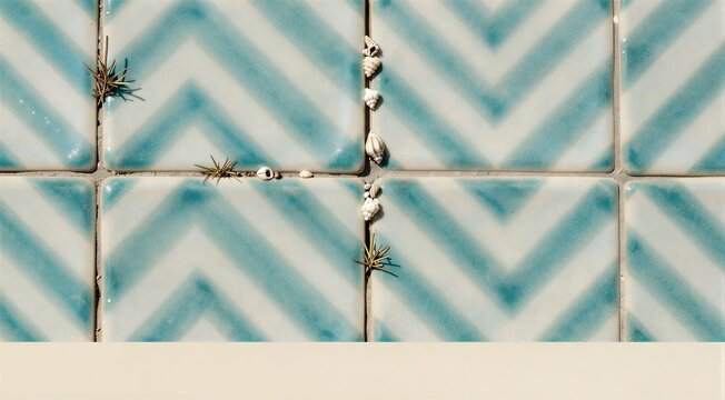 Chevron ceramic tiles with plants growing in grout
