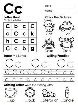 Childrens alphabet learning worksheet featuring letter c tracing exercises and coloring activities