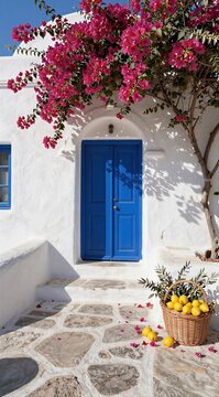 White house entrance with blue door and bougainvillea canopy