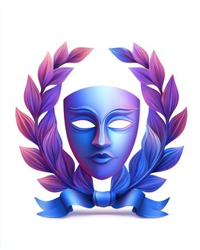 Laurel wreath surrounds a colorful mask in a flat decorative style representing art and creativity in a unique design
