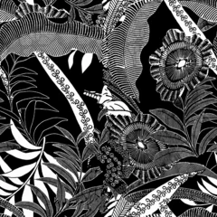 botanical seamless pattern, black and white floral jungle texture textile, vector illustration  © anwar