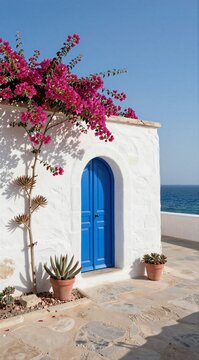 Blue door framed by bougainvillea on white coastal house