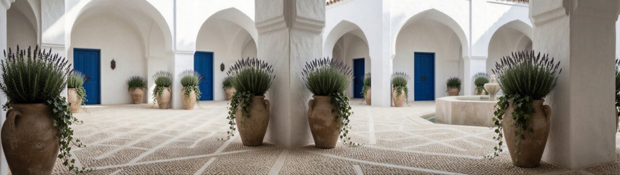 Arched white courtyard lined with terracotta urns and tiles