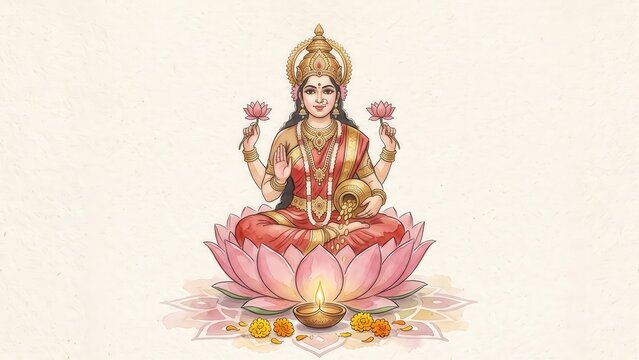 Goddess Lakshmi Watercolor &ndash; Traditional Indian Devotional Art