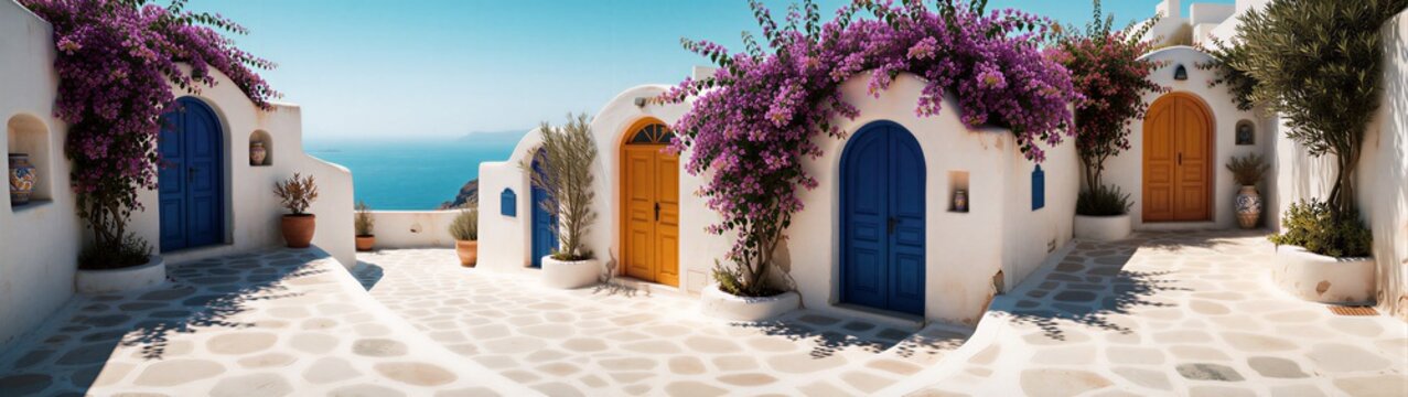 White houses with colorful doors and bougainvillea by sea