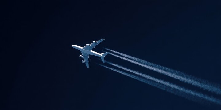 Commercial airplane flying diagonally across a dark blue sky with visible contrails aeroplane jet aircraft