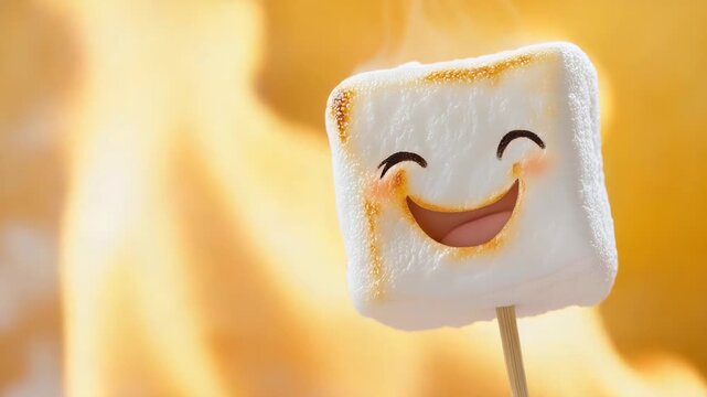 Smiling marshmallow on stick with toasted edges enjoying campfire warmth