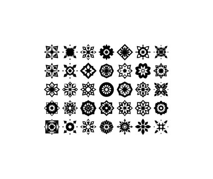 Thirty five black geometric symbols and floral patterns isolated white... mandala