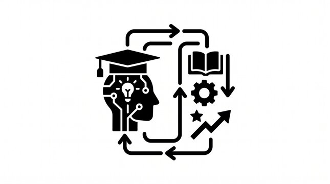 Graduate head icon connected to a circular arrow process including books and growth charts illustrates continuous learning and academic development.