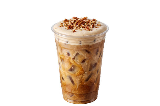 iced coffee with cold foam and crushed pecan topping in clear plastic to-go cup with ice cubes isolated on transparent background