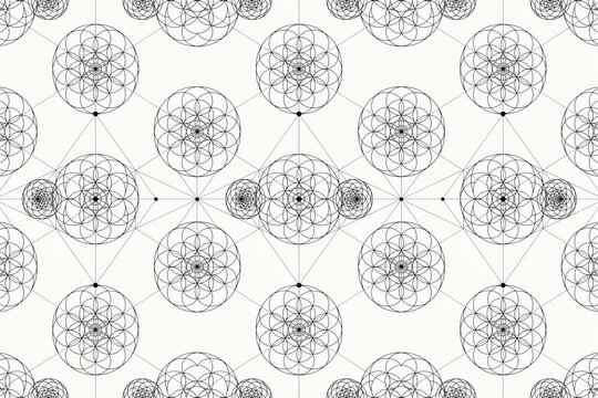 Geometric pattern of interconnected circles and lines forming a sacred geometry grid on a clean white background, with thin black, ink strokes