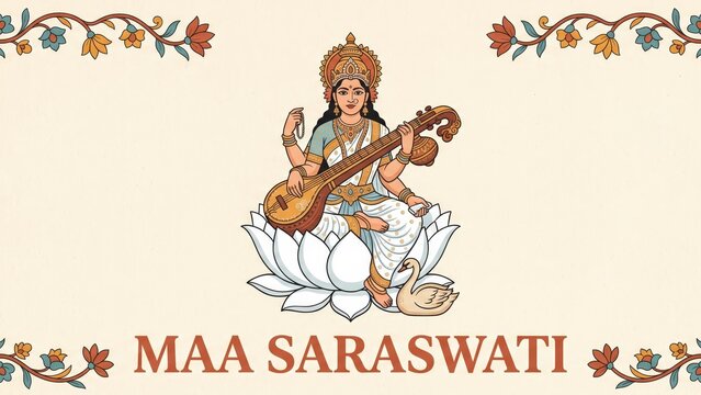 Maa Saraswati Folk Poster &ndash; Knowledge and Education
