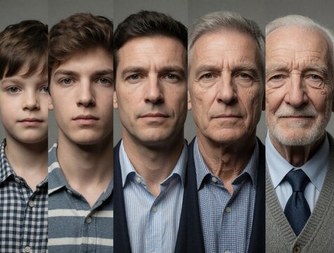 Sequence shows male faces aging from boy to old man. Progression depicts growth, maturity, and life stages. Human life cycle development from youth to elder.