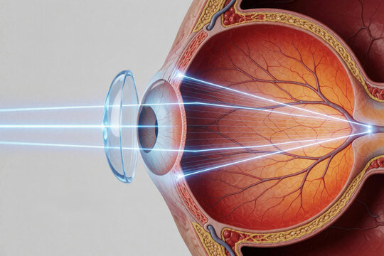 Eye cross section shows concave lens correcting light rays focusing on retina. Optical divergence aids vision correction for myopia. Medical illustration detail.
