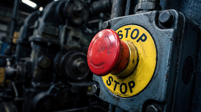 Emergency stop button switch on industrial factory machinery for safety shutdown control.