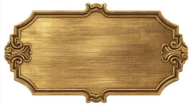 Ornate rectangular gold plaque with scrolled edges and a textured surface isolated on white frame