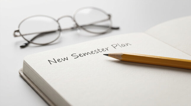 Handwritten semester plan in notebook with pencil and eyeglasses for academic study schedule and syllabus.