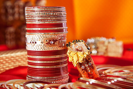 Close-up of a bridal chuda and mangal sutra