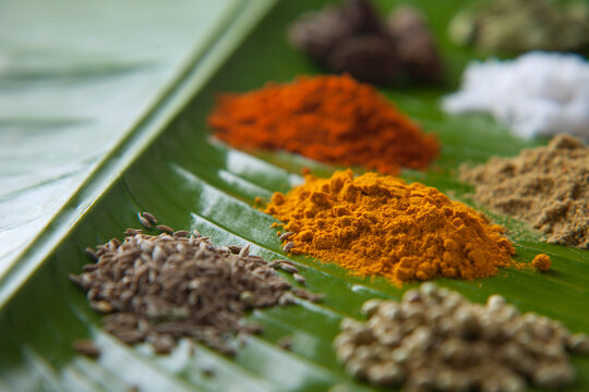 Close-up of Spices on a banana leaf